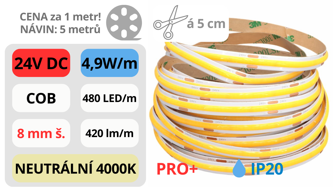 LED pásek COB 24V / 480LED / 4,9W / 4000K / IP20 / 8mm / PRO+